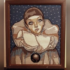 Framed Vintage Pierrot Needlepoint Art